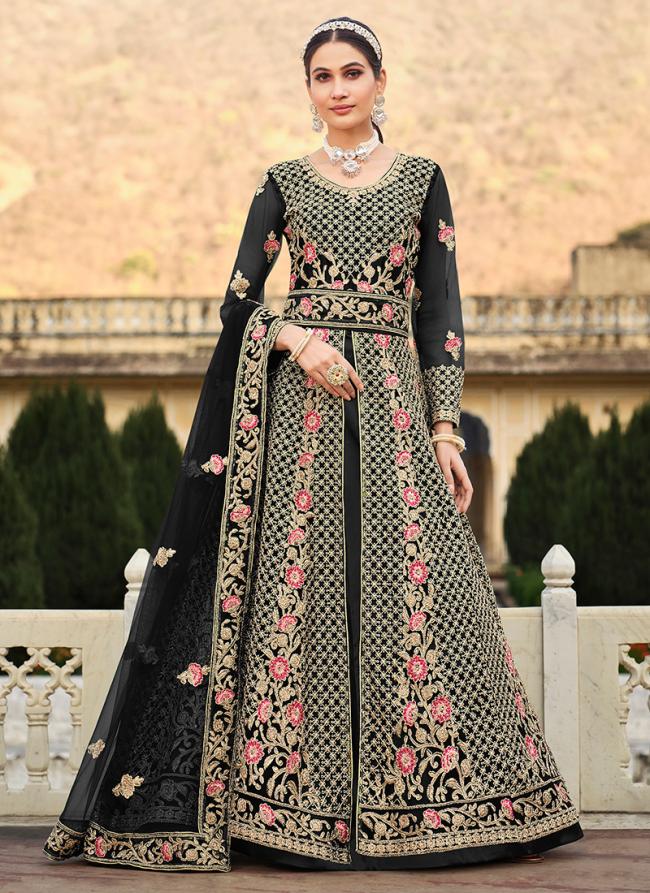 Black Pure Net Wedding Wear Coding Work Anarkali Suit