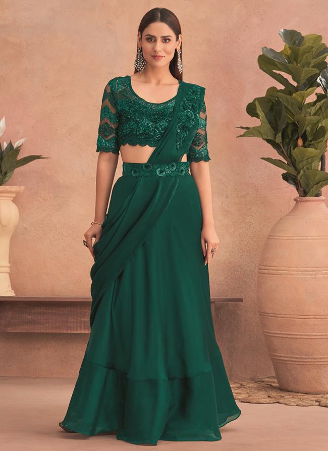 Green Fancy Wedding Wear Hand Work Lahenga Saree