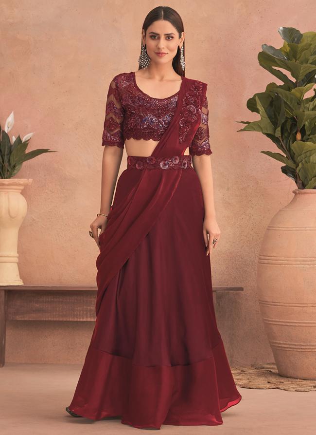 Maroon Fancy Wedding Wear Hand Work Lahenga Saree