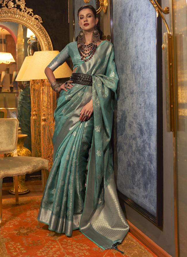 Teal Blue Organza Party Wear Handloom Saree