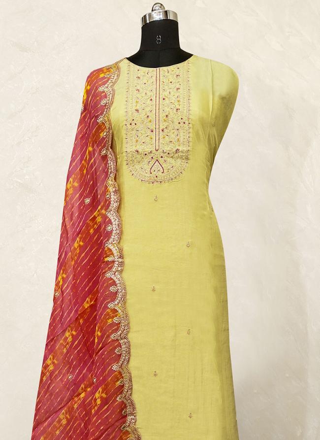 Light Green Pure Dola Traditional Wear Hand Work Dress Material
