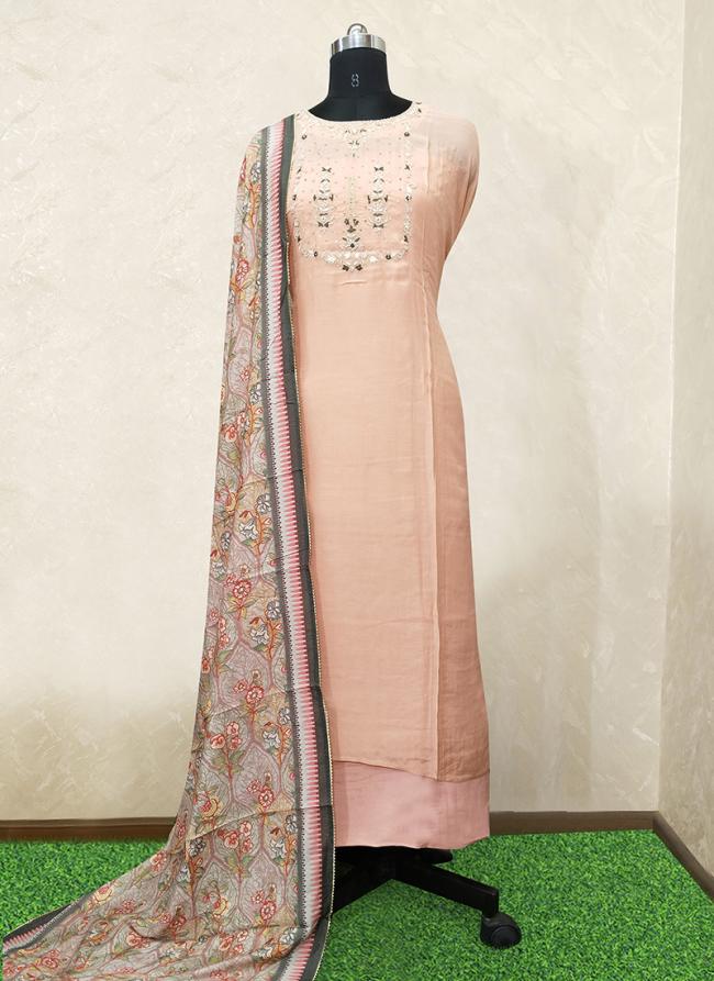 Dola Silk Peach Traditional Wear Hand Work Dress Material