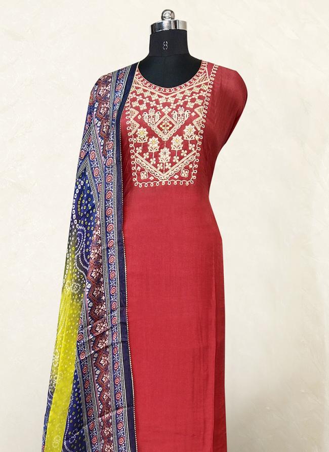 Red Pure Muslin Summer Wear Embroidery Work Dress Material