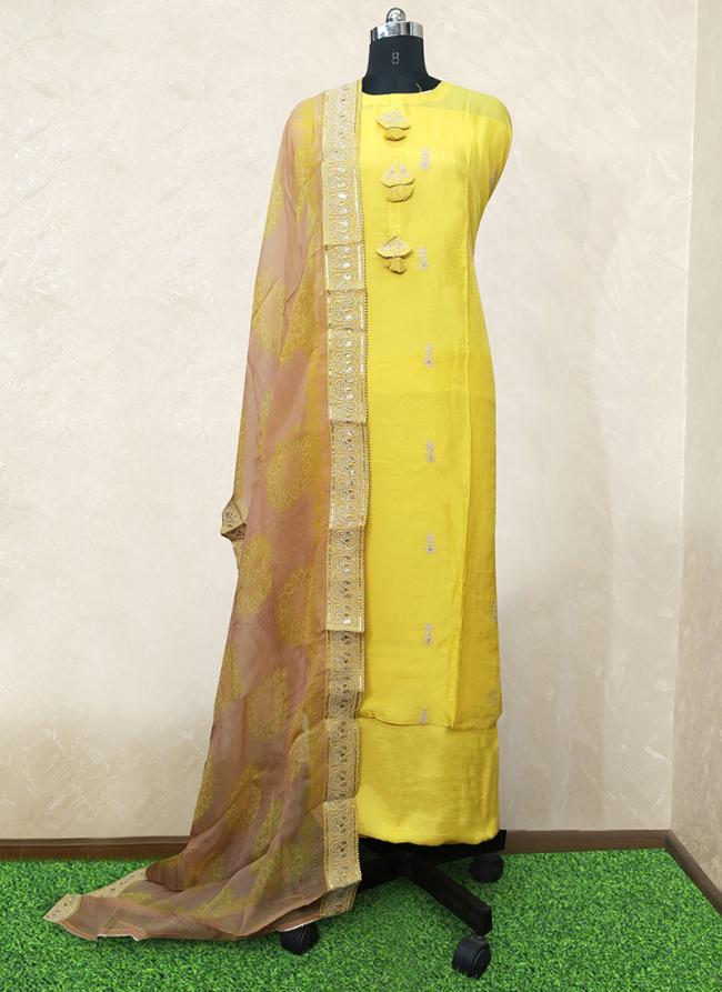 Dola Silk Yellow Traditional Wear Embroidery Work Dress Material