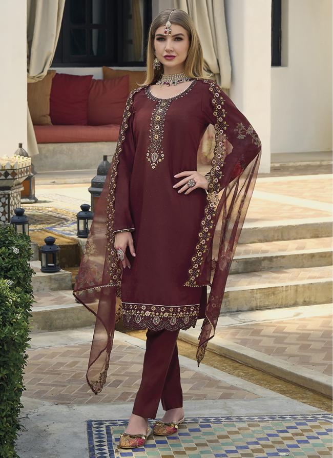 Maroon Viscose Silk Traditional Wear Embroidery Work Readymade Salwar Suit