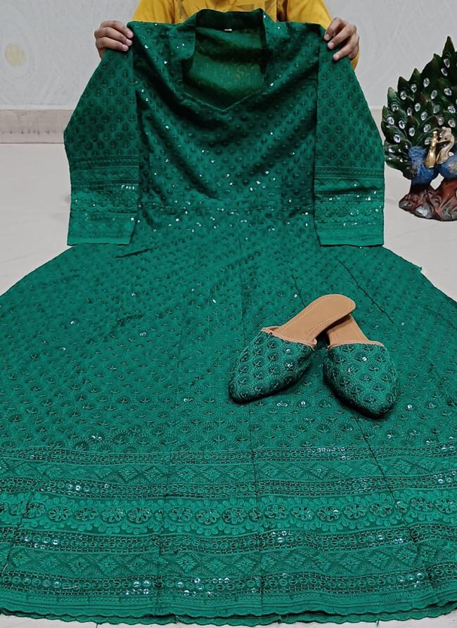 Green Cambric Cotton Festival Wear Lucknowi Work Gown