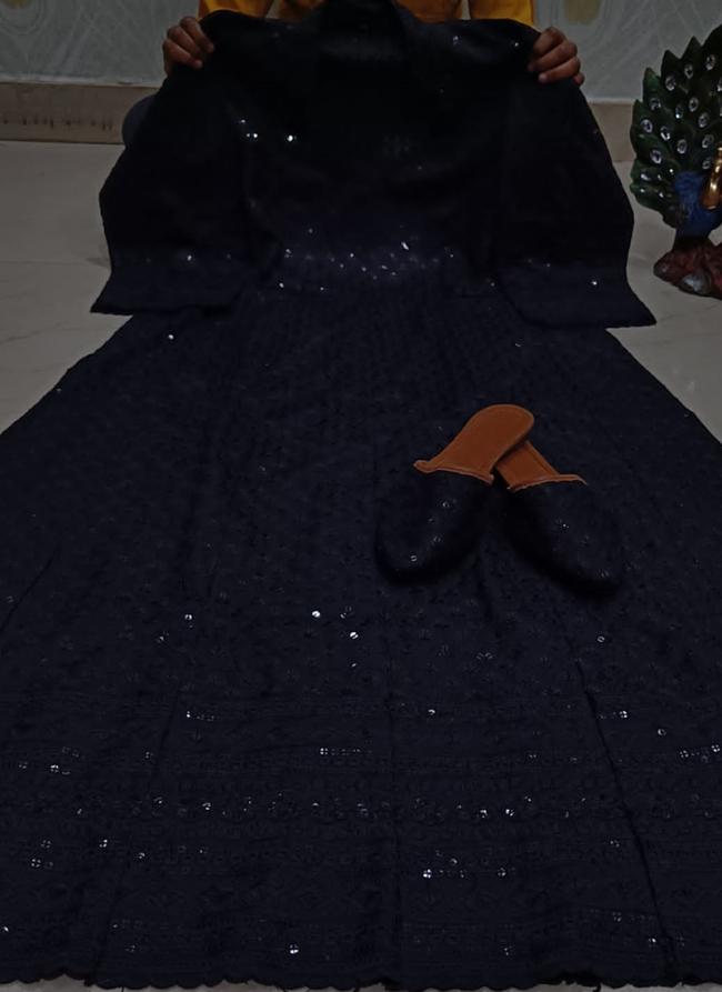 Navy Blue Cambric Cotton Festival Wear Lucknowi Work Gown