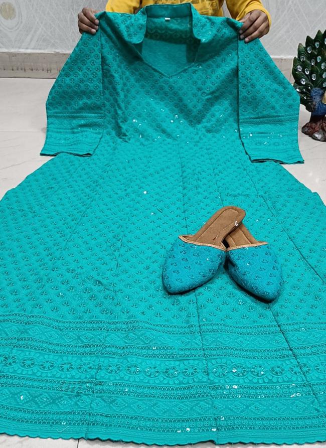 Firozi Cambric Cotton Festival Wear Lucknowi Work Gown