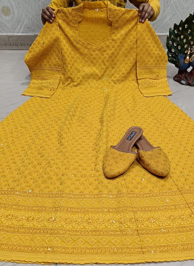 Mustard Cambric Cotton Festival Wear Lucknowi Work Gown