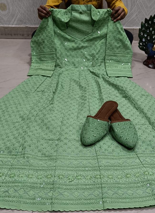 Pista Green Cambric Cotton Festival Wear Lucknowi Work Gown