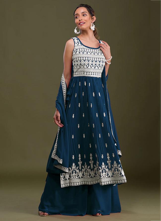 Blue Faux Georgette Party Wear Lucknowi Work Palazzo Suit