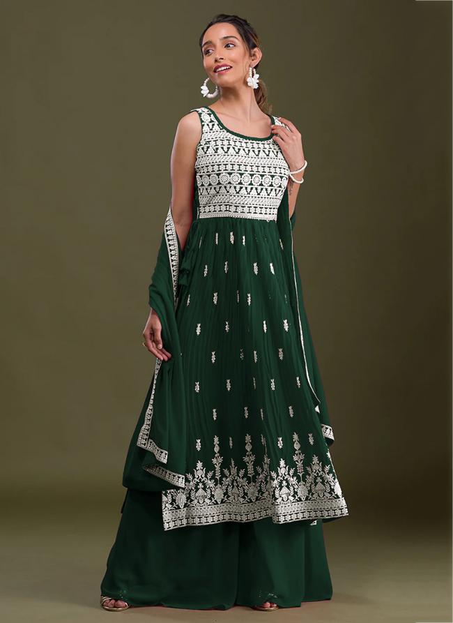 Green Faux Georgette Party Wear Lucknowi Work Palazzo Suit