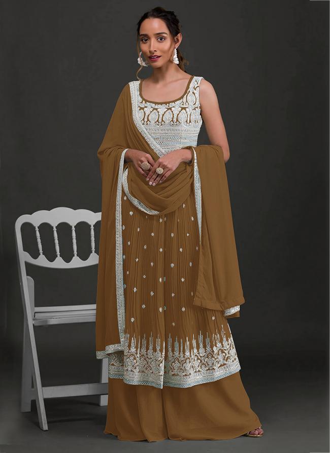 Brown Faux Georgette Festival Wear Embroidery Work Palazzo Suit