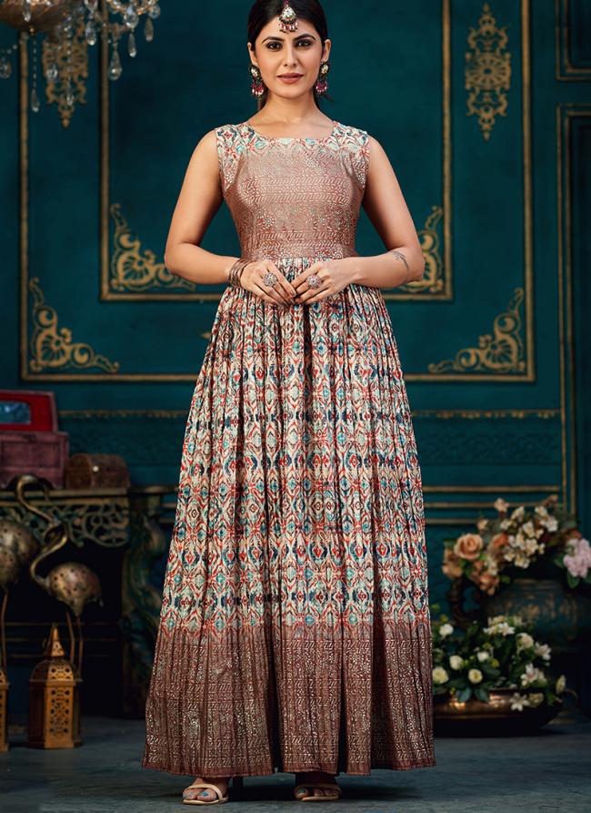 Brown  Silk Party Wear Digital Printed Chinnon Gown