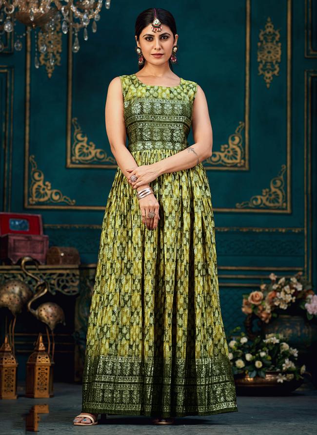 Light Green  Silk Party Wear Digital Printed Chinnon Gown