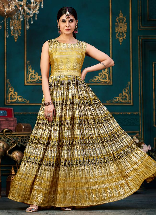 Olive Green  Silk Party Wear Digital Printed Chinnon Gown
