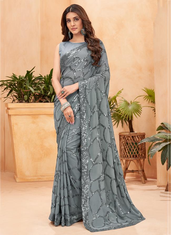 Grey Georgette Traditional Wear Sequins Work Saree