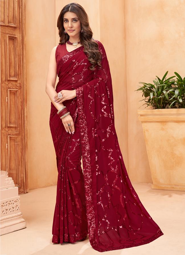 Maroon Georgette Traditional Wear Sequins Work Saree