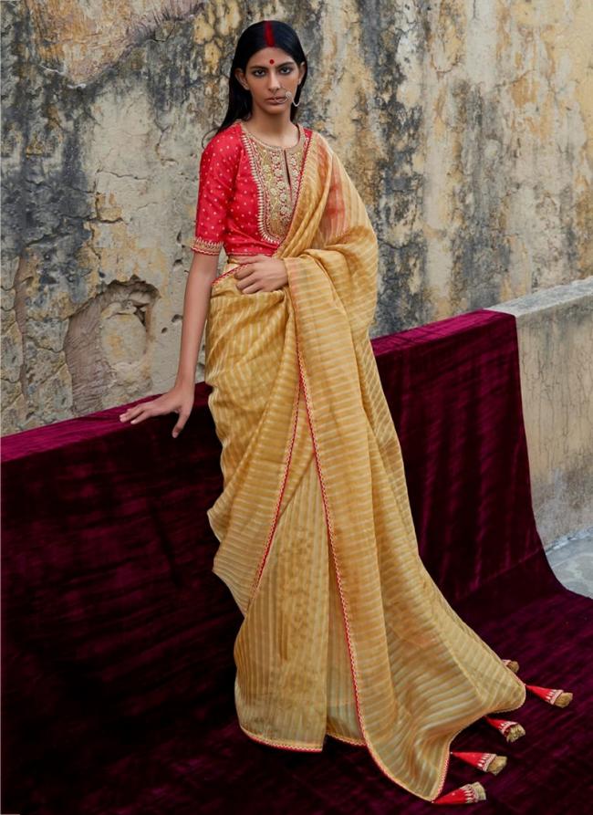 Yellow Soft Organza Party Wear Zari Weaving Saree