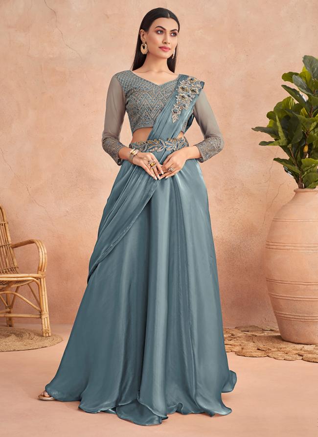 Sky Blue Fancy Wedding Wear Sequins Work Saree