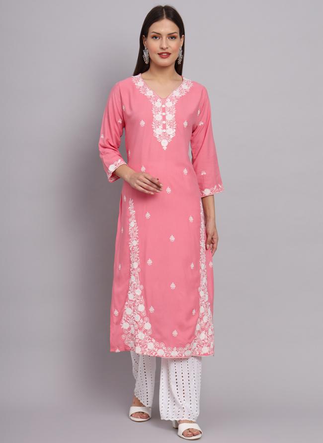 Pink Rayon Casual Wear Lucknowi Work Kurti