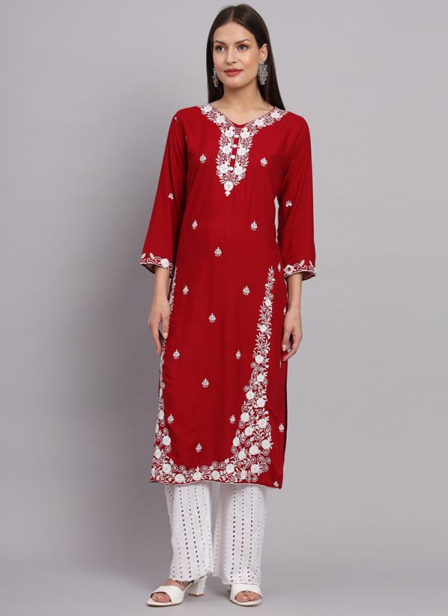 Red Rayon Casual Wear Lucknowi Work Kurti