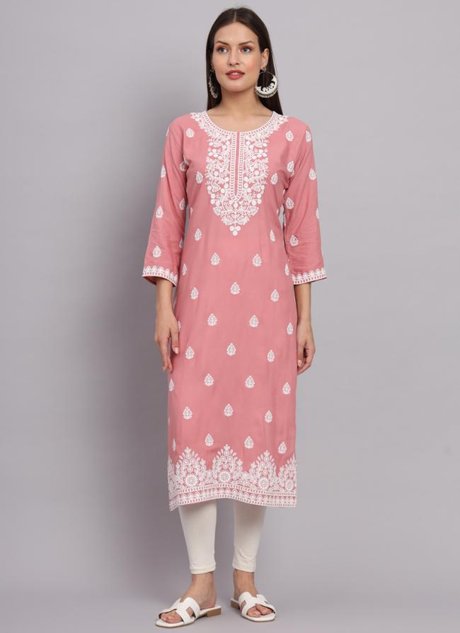 Pink Rayon Regular Wear Lucknowi Work Kurti