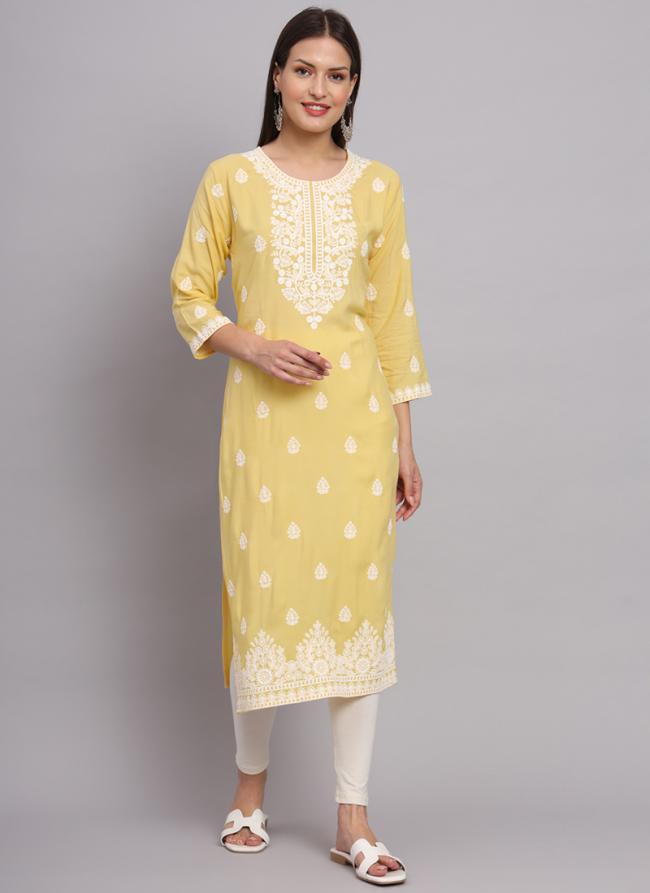 Yellow Rayon Regular Wear Lucknowi Work Kurti