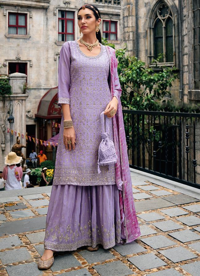 Lilac Chinnon Wedding Wear Embroidery Work Readymade Salwar Suit