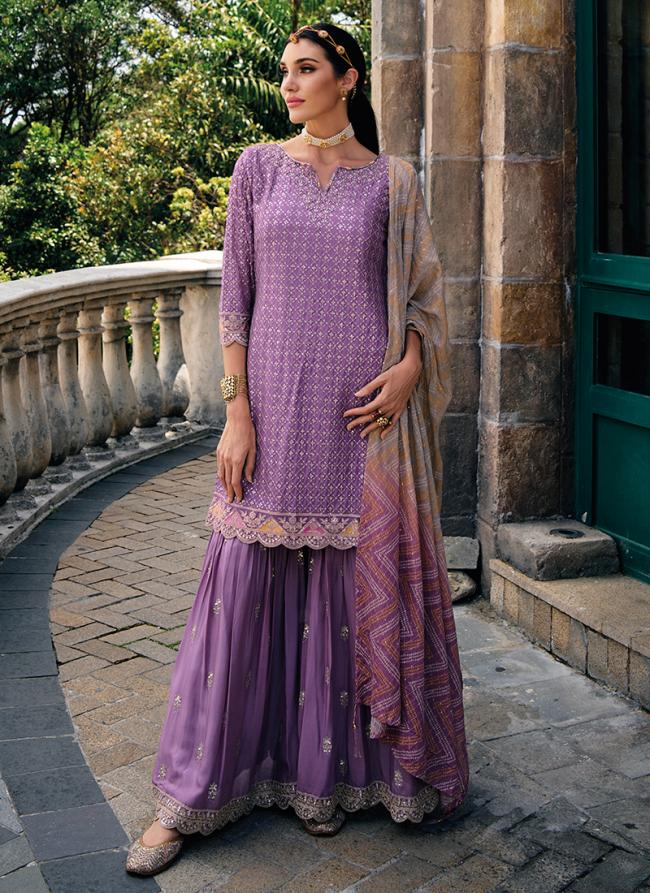 Purple Chinnon Wedding Wear Embroidery Work Readymade Salwar Suit