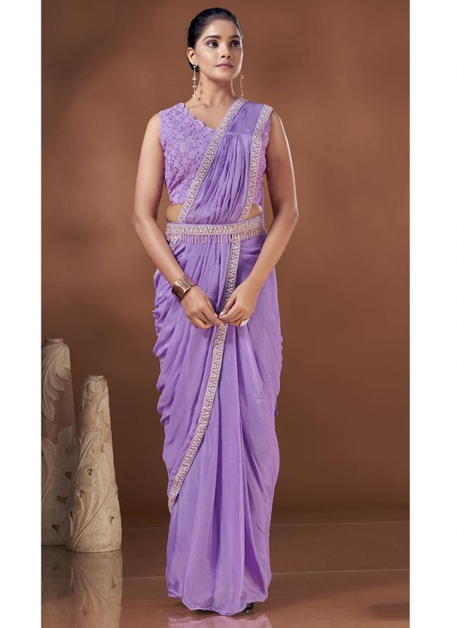 Lilac Chinnon Party Wear Embroidery Work Stitched Saree