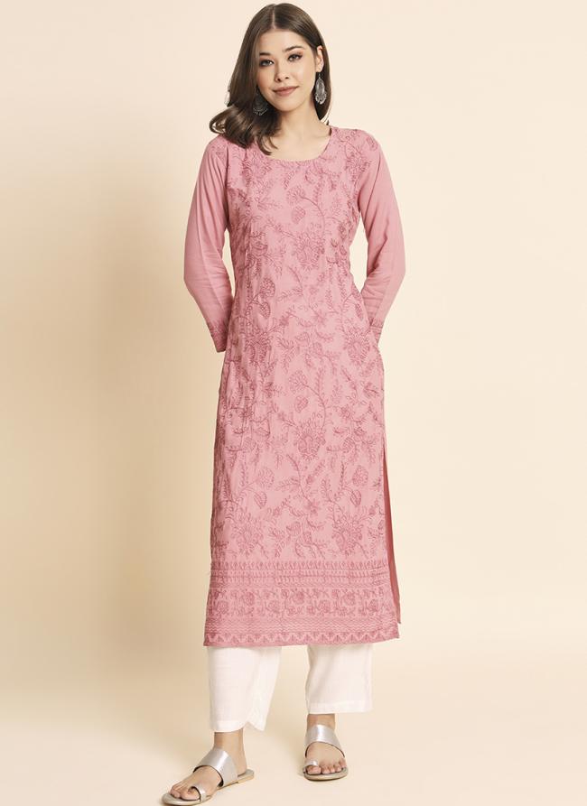Pink Rayon Casual Wear Lucknowi Work Kurti