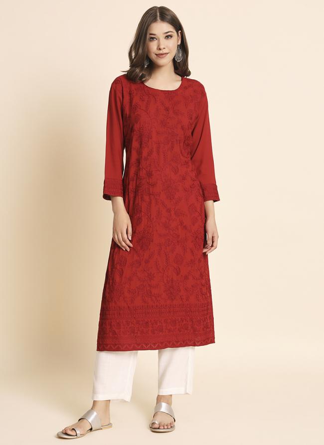Red Rayon Casual Wear Lucknowi Work Kurti