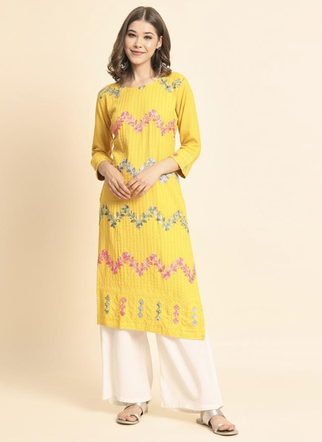 Yellow Georgette Traditional Wear Lucknowi Work Kurti