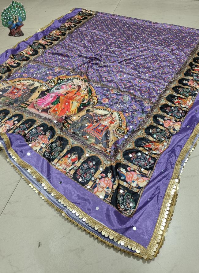 Purple Chinnon Silk Festival Wear Mirror Work Phulkari Dupatta