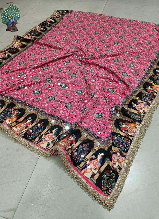 Pink Chinnon Silk Festival Wear Mirror Work Phulkari Dupatta