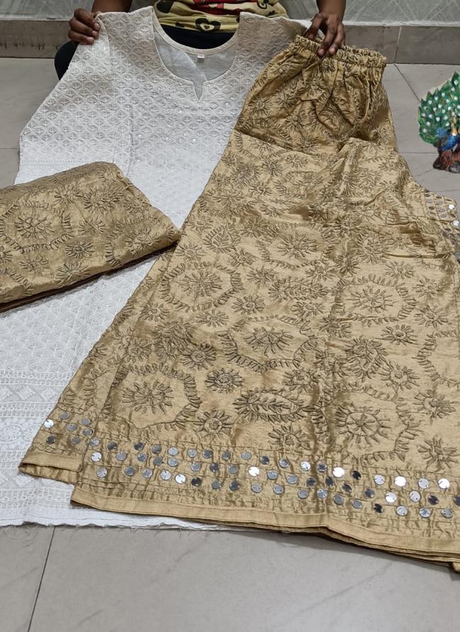 Beige Pure Cotton Traditional Wear Sequins Work Phulkari Suit