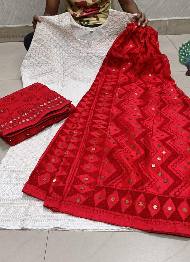 Red Pure Cotton Traditional Wear Sequins Work Phulkari Suit