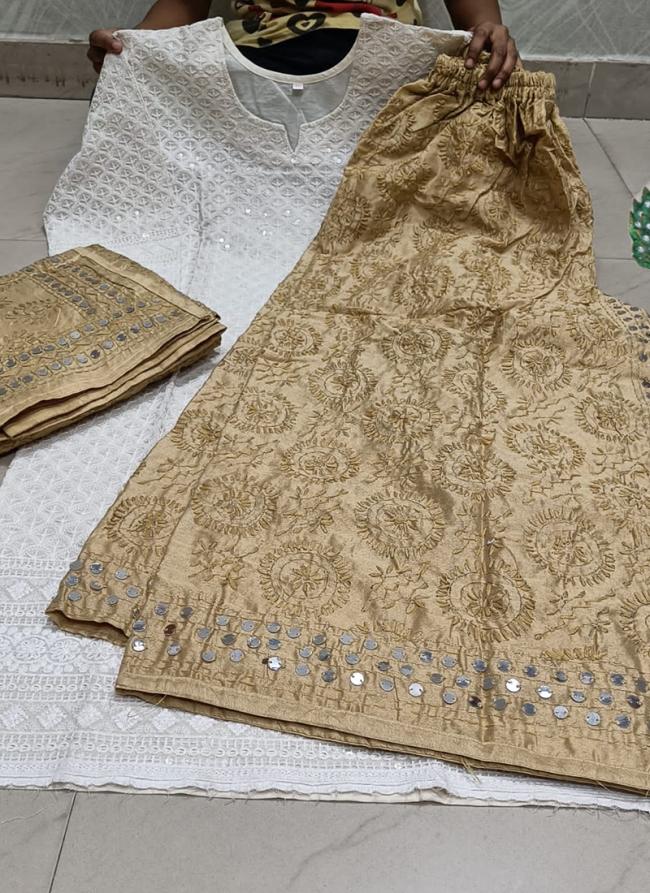 Beige Pure Cotton Traditional Wear Sequins Work Phulkari Suit