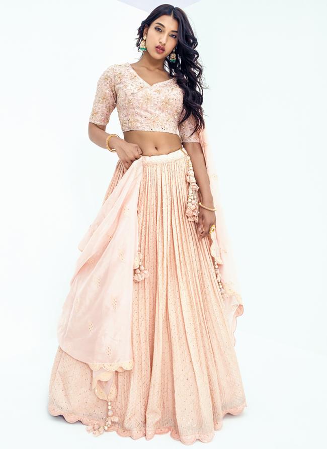 Peach Pure Viscose Wedding Wear Embroidery Work Lehenga Choli