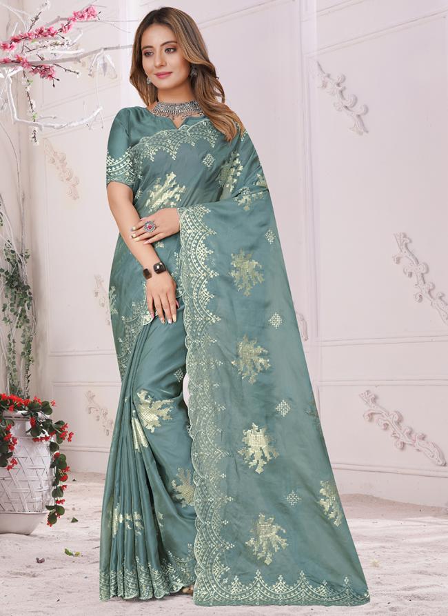 Dusty Firozi Organza Party Wear Zarkan Work Saree