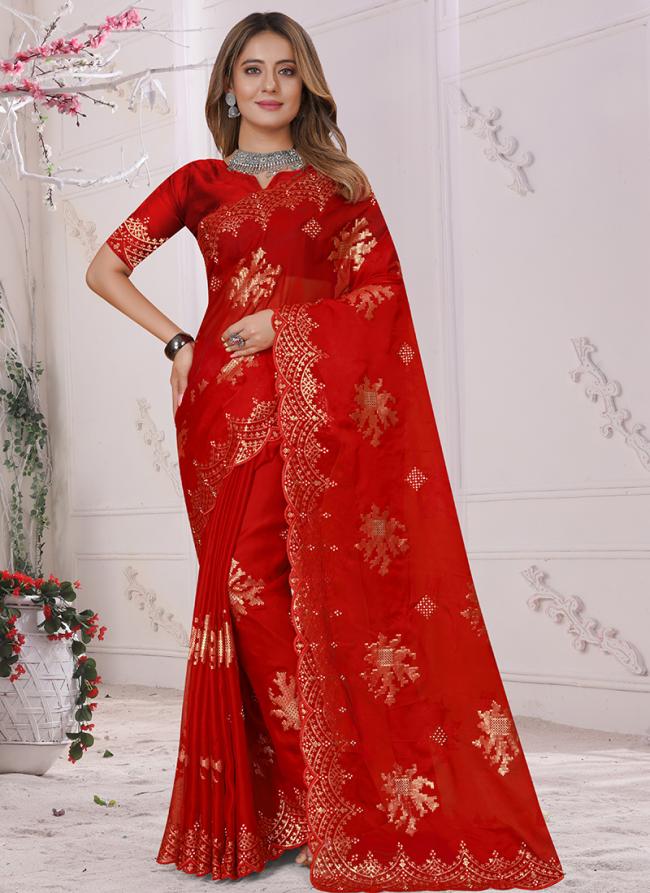 Red Organza Party Wear Zarkan Work Saree