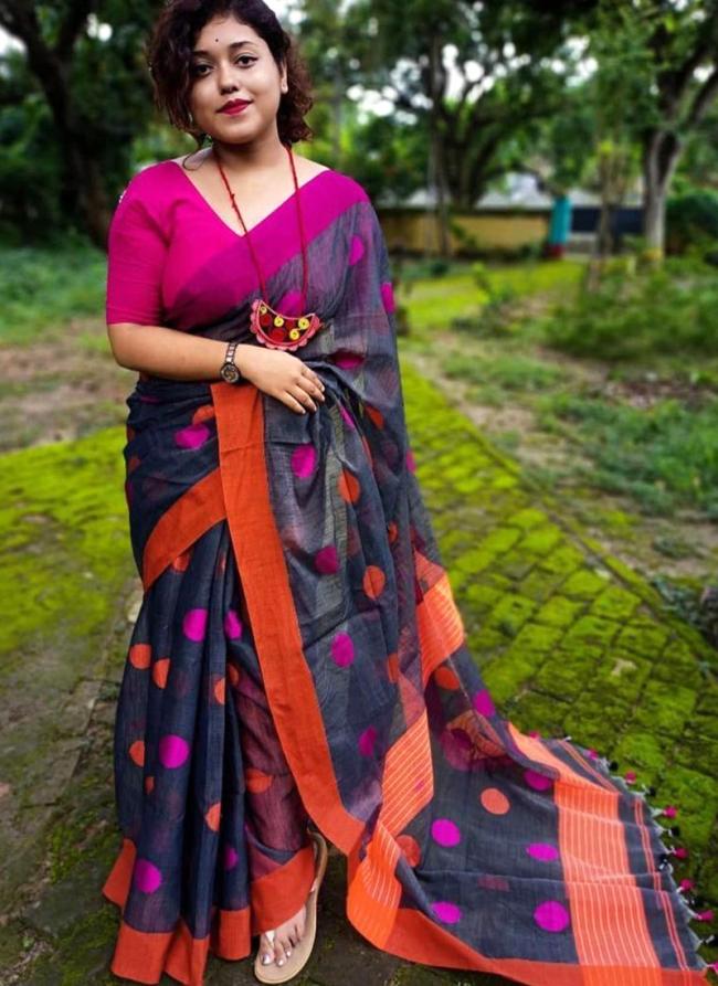 Navy blue Linen Regular Wear Digital Printed Saree