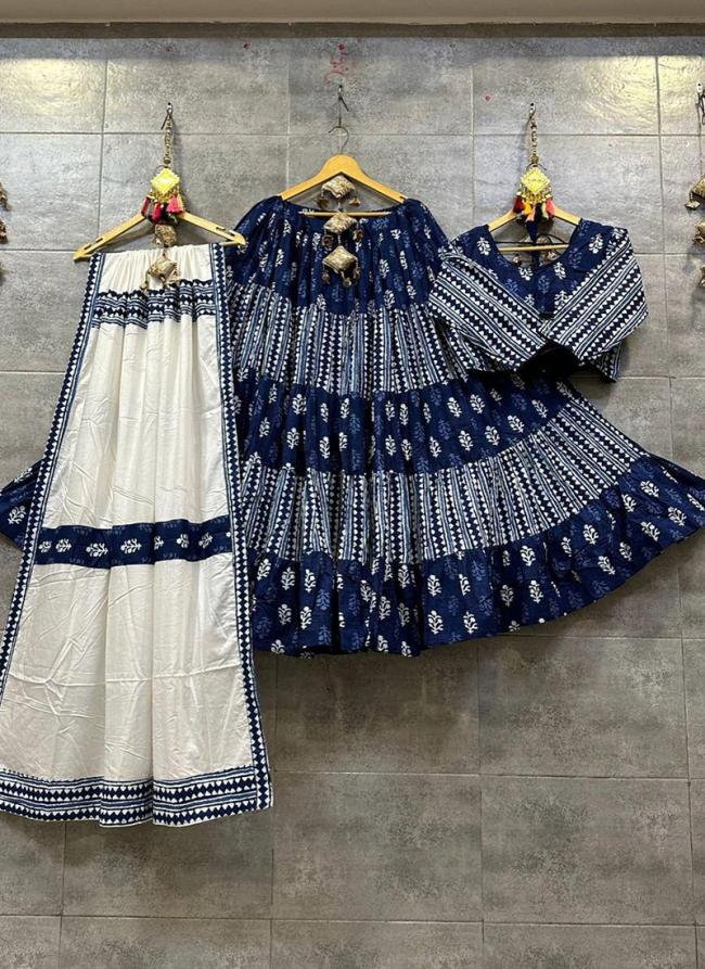 Navy blue Pure Cotton Festival Wear Printed Work Ready To Wear Lehenga Choli