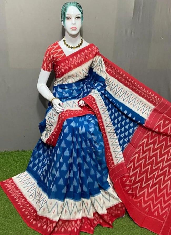 Blue Linen Daily Wear Digital Printed Saree