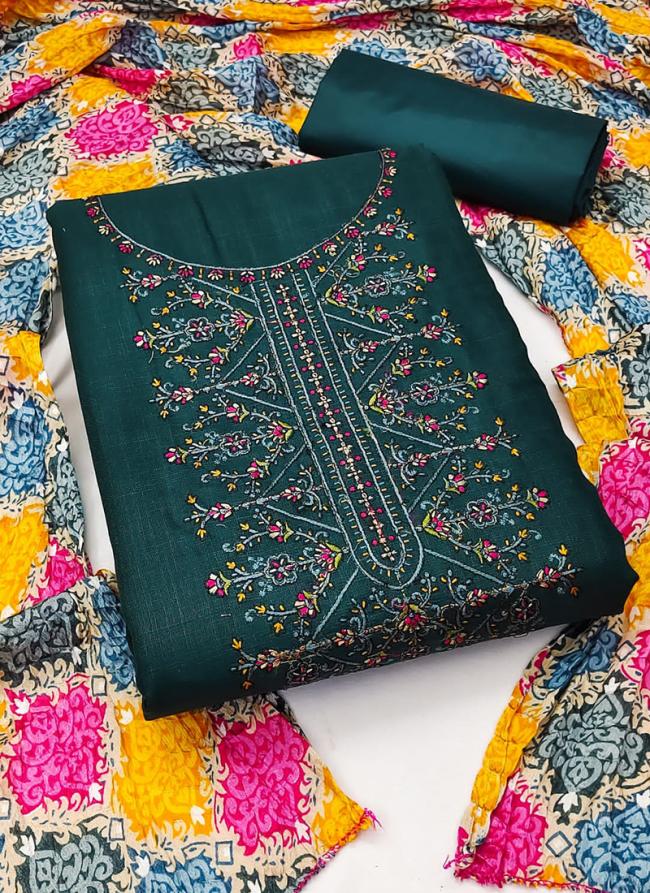 Bottle Green Cotton Festival Wear Embroidery Work Dress Material