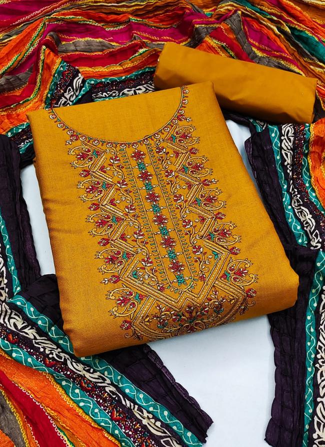 Mustard Cotton Festival Wear Embroidery Work Dress Material