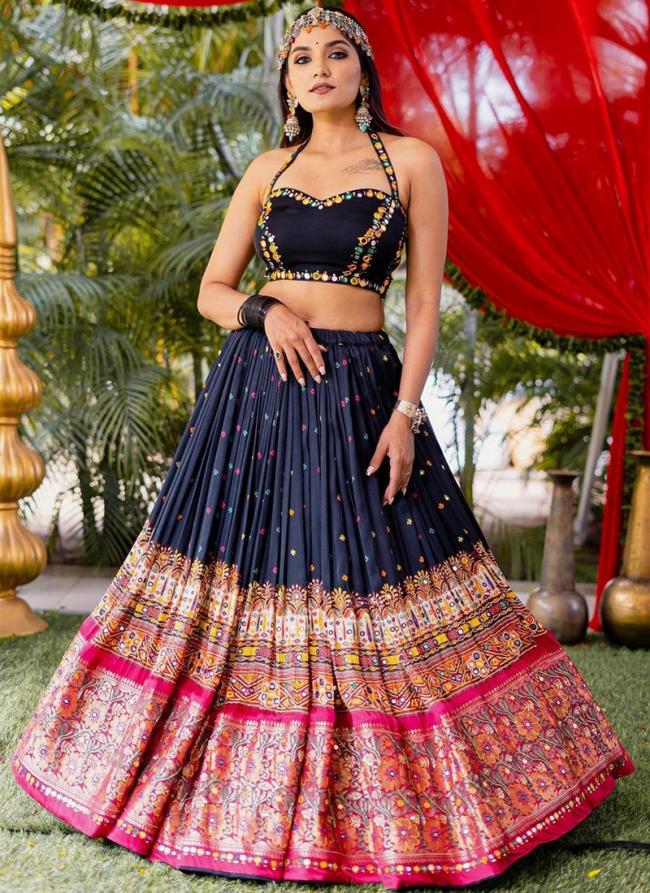 Black Chinnon Silk Navratri Wear Mirror Work Lehenga Choli