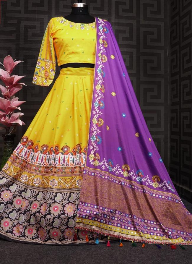 Yellow Chinnon Silk Navratri Wear Mirror Work Lehenga Choli