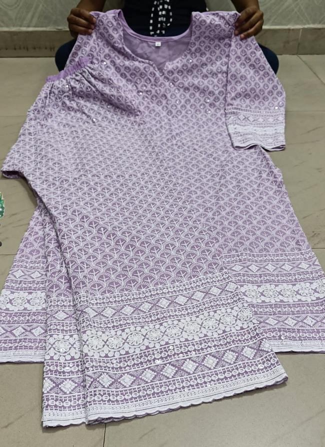Lilac Pure Cotton Festival Wear Lucknowi Work Kurti With Palazzo